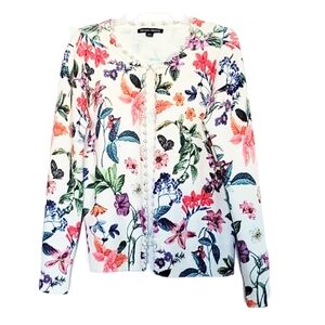 Boston Proper Floral Cardigan Sweater with Pearl Trim Open Front white